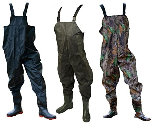 DNA Leisure New Green Camo or Black PVC Fly Carp Coarse Fishing Chest Waders with Elastic Quick Release Buckle Straps and Anti-Slip Moulded Boots/Wellies (EU Size: 44, UK Size 10, Black)
