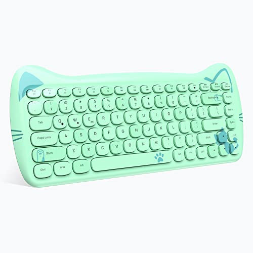 ZIYOU LANG 3060i Lindo Gato Teclado Inalámbrico,Teclado Office Bluetooth Silencioso y Slim, 80% Tecla Round Typewriter Retro, QWERTY Conexión de Dispositivos Múltiples para PC, Laptop, Mac-Verde