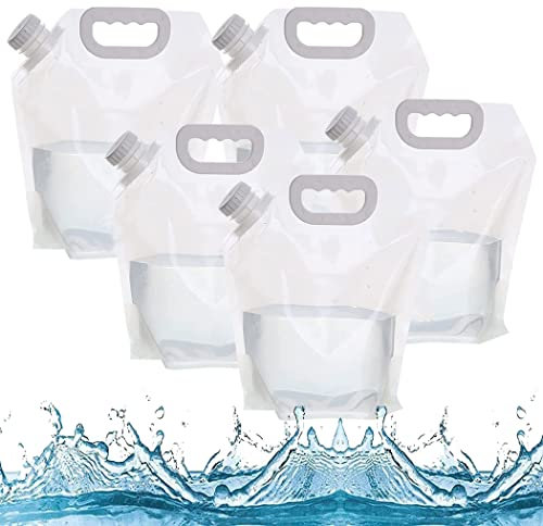 0℃ Outdoor Wasserkanister Faltbar, 5 Stück 5L Tragbar Wassersack Faltbar, Gefrierbar, Trinkwasser Behälter Wassertank Faltkanister Wasserbehälter Bpa-frei für Wandern, Picknicks, Reisen,Clear
