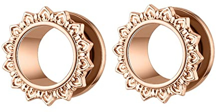 Homxi 2Stück 16mm Plug Set,Tunnel Edelstahl 5/8 inch Herren Tunnel mit Blume Tunnel Set Rosegold