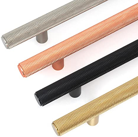 The Hairpin Leg Co. Knurled Brass Cabinet Handle, 300mm, Brushed Brass | 220mm centres; 15mm CNC-knurled bar; two-point M4 fixings included; suits 15–25mm doors & drawers; sold singly; indoor only