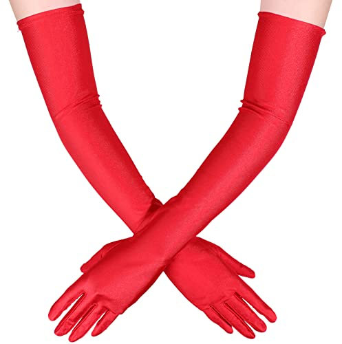 1920er Jahre lange Satinhandschuhe Damen Opera Abendhandschuhe Kostüm Ellenbogen Satin Handschuhe Brauthandschuhe für Frauen Hochzeit, rot, 53 cm