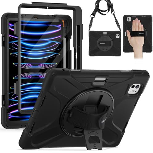 BRAECN iPad Pro 11 Hülle, 4./3./2./1. Generation Modell 2022/2021/2020/2018, Robuste Stoßfeste Schutzhülle mit Displayschutz, 360°Drehbarer Handgurt und Ständer, Stifthalter, Schultergurt, Schwarz