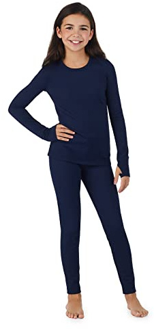 Cuddl Duds Girls Heavyweight Fleece Lined 2 Piece Thermal Underwear Set – Long Sleeve Shirt & Leggings Base Layer for Cold Weather – Winter Clothing Long Johns Lounge Sets for Kids, Navy, L
