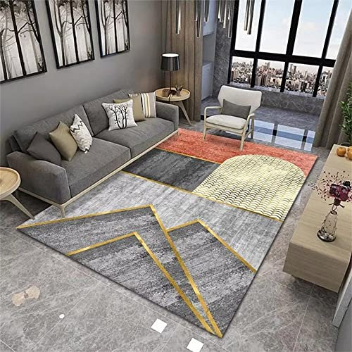 RUGMRZ Area Rug Fleckerlteppich Teppich Mädchen Kinderzimmer Graue rote geometrische Muster Gold Linie dekoriert Moderne Anti-Rutsch Flurteppich 70X140cm
