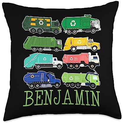 Waste Collector Dump Trash Recycling Lover Benjamin Trash Truck for Kids Collector Ecologist Garbage Throw Pillow, 18x18, Multicolor
