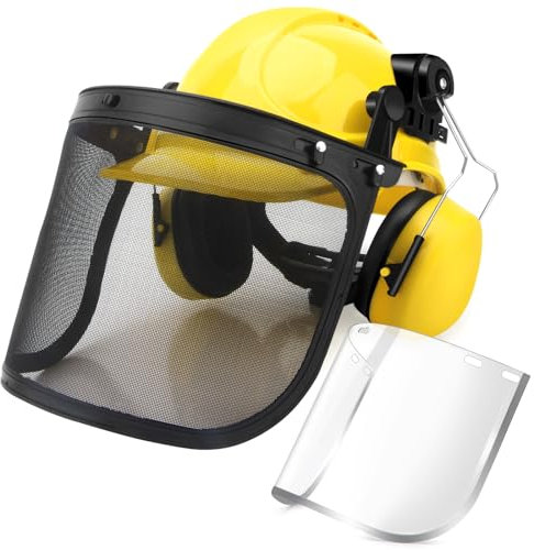 Industrieller Forstschutzhelm, Kettensägenhelm, 6-in-1-Industriehelm und Gehörschutzsystem mit Zwei Gesichtsschutzvisieren, schlagfester Schutzhelm, Freischneiderhelm – Gelb