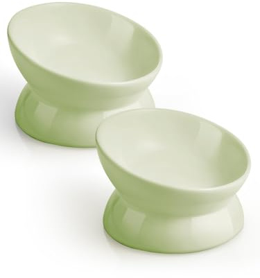 LoeJan Elevated Cat Food Bowl, 5 Oz Ceramic Raised and Tilted Water Bowl, Anti Vomiting and Protect Pets' Spines Dishes for Small Dog, Fat Faced Cat, Kitten (Green, 2 Pack)