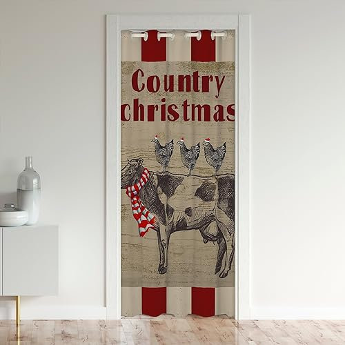 Cortina de puerta de vaca lechera de granja, 1 panel, 42 pulgadas de ancho x 80 pulgadas de largo, bufanda de sombrero rojo de Navidad para sala de estar, cortina de puerta roja de granja para