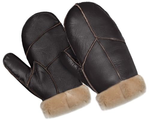 Harssidanzar Männer Fäustlinge für Winter,Lammfell Shearling Pelz gefüttert Warme Echtleder Fäustlinge Handschuh KM054EU,Braun,Größe XL