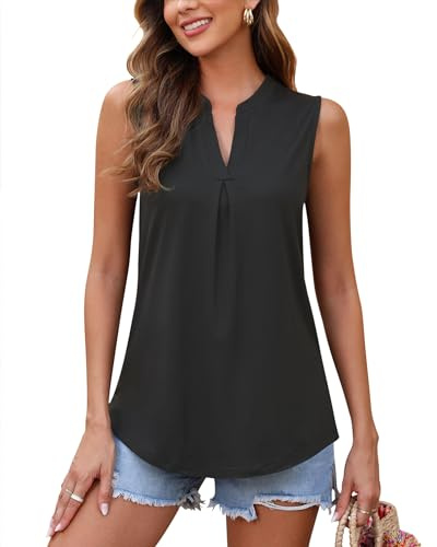 WNEEDU Camiseta de Verano para Mujer Camisetas con Cuello V Blusa Camisas Sin Mangas Casual Tank Tops(Negro,XL)