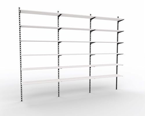 goodsforbusiness Wandschienensystem Sets New York Regalsystem Schwarz inkl. Bodenträger und Regalböden, Wandschienen H-Lochung, Verkaufswand erweiterbar, Ladenbausystem für Textilien (Weiß, 3er Set)