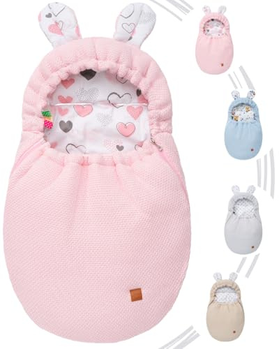 Mikos Einschlagdecke Babyschale Herbst Winter, Baby Fußsack mit Zip 100% Baumwolle GOTS Zert. Strickdecke mit Füllung Universal für Kinderwagen Buggys Frühling Maxi Cosi 3 Punkt Gurt (50) (Rosa)