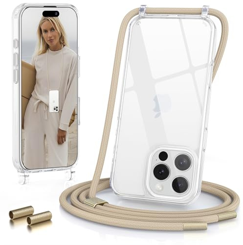 GOODVISH Handykette für iPhone 16 Pro Hülle mit Band, Helbraun | Kameraschutz und Bildschirmschutz, Transparent Necklace Handyhülle Schnur Schutzhülle für Umhängen Case mit Kordel 6.3