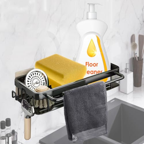 ZACHMEST Spülbecken Organizer Schwammhalter Küche - Küchen Waschbecken Spüle Organizer mit Spültuchhalter und Zwei Haken, Metalle Hängender Schwarz Kitchen Badezimmer Organizer - Ohne Bohren