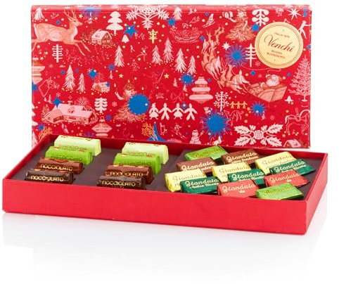 Venchi – Weihnachtskollektion – Geschenkbox mit verschiedenen Schokobarren- und Gianduiotti-Pralinen, 223 g – Geschenkidee – Glutenfrei