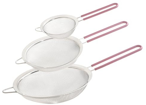 Wiltshire Set of 3 Sieves, Stainless Steel Fine Wire Mesh Strainer with Non-Slip Silicone Coated Handle, Colander & Sifter, Sift Strain Drain & Rinse, 10cm 15cm & 20cm, Dishwasher Safe, Studio Pink