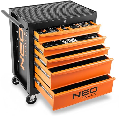 NEO TOOLS Carrello da officina riempito con attrezzi, 117 pezzi, 5 scomparti, cassetti con cuscinetti a sfera, chiusura centrale, tappetino antiscivolo, ruote girevoli, freno di stazionamento,