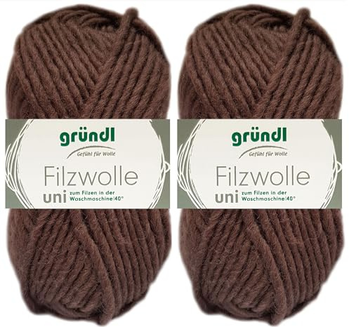 2x50 Gramm Gründl Filzwolle Uni aus 100% reiner Schurwolle inkl. Anleitung für Topflappen (06 Schokolade)