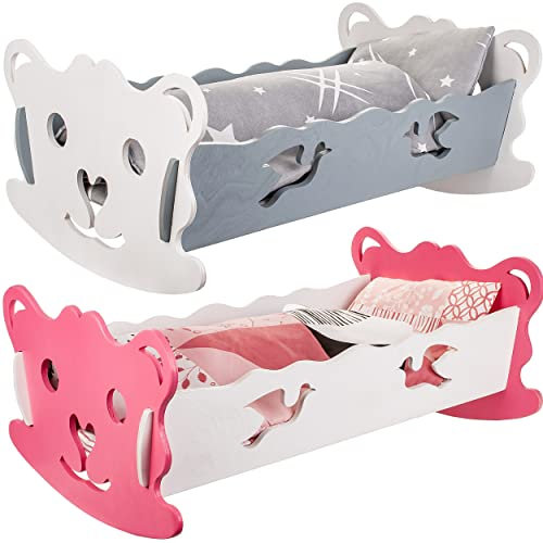 alles-meine.de GmbH 2 Sets: Puppenbetten/Puppenwiegen - aus Holz - mit Bettzeug - 49 cm lang - Wiegenset - Holzwiege aus Buntem Naturholz - Herz Bett - Puppen klein groß Zubeh..