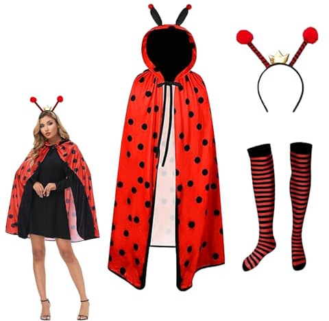 Ajuanbazha Marienkäfer Kostüm Damen, Set für Faschingskostüme Umhang Marienkäfer, Ladybug Kostüm mit Haarreif und Socken für Erwachsene