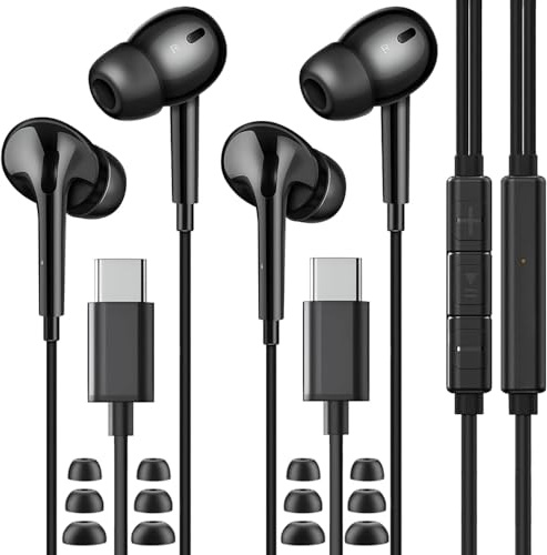 USB C Headphones for Samsung S23 FE S22 S21 S20 A53 A54, Wired Earbuds in-Ear USB C with Mic & In-Line Controls HiFi Stereo Type C Earphones for iPhone 16/15 Pro Max Pixel 6 6a 7a 8 5, Android 2 Pack