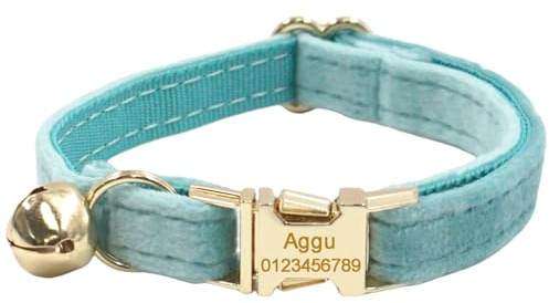 Personalisiertes Katzenhalsband mit Namensschild, verstellbares Samt Katzenhalsband mit Glocke, Haustier Halsband mit Name Telefonnummer Gravierte ID Tags (Light Green)