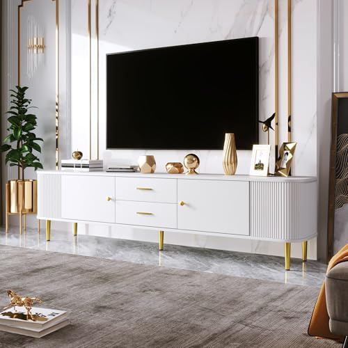 Wiuzo TV-Schrank mit Schubladen, TV Lowboard mit Türen und Goldenen Griffen, Moderner Fernsehtisch, TV Tisch für Wohnzimmer und Esszimmer, Weiß, 170x34x45cm