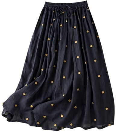 Langer Rock Damen, Leinen Sommerrock Damen Leicht und Luftig Röcke Sommer Plissee Maxirock mit Elastische Taille und Kordelzug Faltenrock Boho Strandrock Einfarbig Retro Punkte-Muster Leinenrock