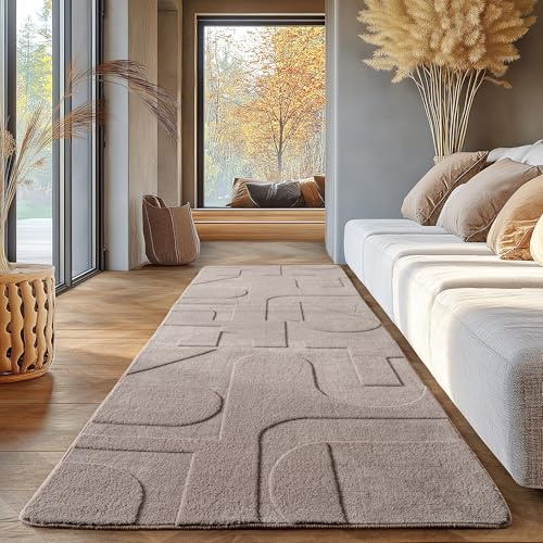 SIMPEX Boho Teppich Läufer 80 x 250 cm Beige, Weicher Skandinavischer Flurteppich mit 3D-Effekt, Waschbar & Pflegeleicht, Ideal für Küche, Eingangsbereich oder Bettseite