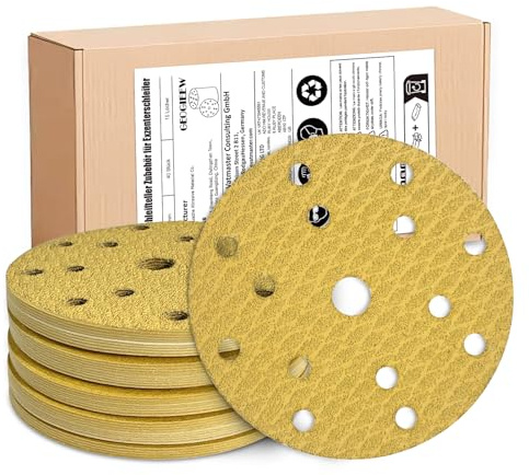 GEOGIEEW 50 stycken slippapper 150 mm kardborreband (120 korn) | högkvalitativa slipskivor 15 hål med aluminiumoxid och latexpappersbas | Kompatibel med excenterslipmaskin