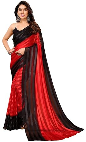 ETHNICMODE indien Sari For femme Soft Satin Light Weight Party Wear Red Saree With Unstitched Black Blouse Piece-1105