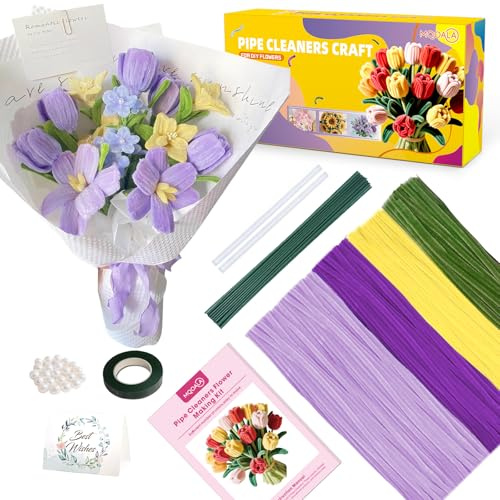 MQOALA Limpiapipas Manualidades, Juego de 350 Piezas para Hacer Flores DIY en 4 Colores, Incluye Tallos Floral, Cinta, Cuentas Decorativas y Alambre Chenilla para Ramos de Tulipanes y Flores(Violeta)