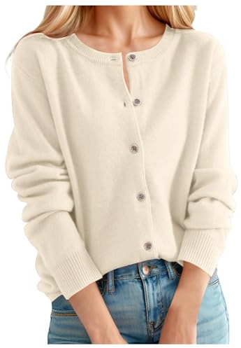 2025 Cárdigan para mujer suéter clásico cuello redondo cuello de botón de punto frente abierto chaquetas, beige, L