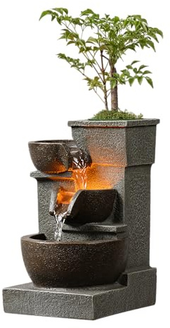 Tabletop Waterfall Fountain, Three Bowls Cascading Indoor Zen Fountain with LED Lights Natural Stones Perfect for Home, Office, Yoga Pump Included（22025N）