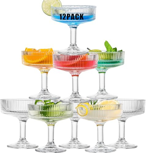 wookgreat 12 Pcs Martini Glasses, 6.7oz Crystal Champagne Tower, Art Deco Ribbed Coupe Glasses, Stem Cocktail Glassware Set, Margarita Cups, Heavy Base Bar Glassware for Martini, Gimlet, Manhattan
