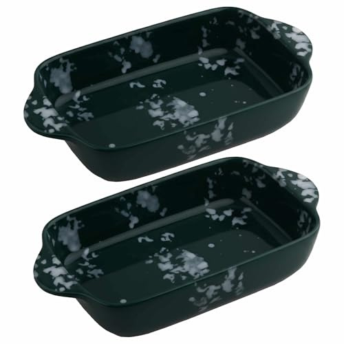 Ceramic Baking Dish Set of 2 with Handles, Oven to Table Ideal for Lasagne Pie Casserole Tapas, Deep Green Reactive Glaze, Rectangular, (2 x 5.5 x 10 (25 cm)