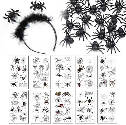 Lilbitty Halloween Deko Spider Set Mit Haarreif, 10 Henna Tattoo Aufkleber Und 50 Kleine Spinnen Für Damen Und Kinder Hexen Zubehör