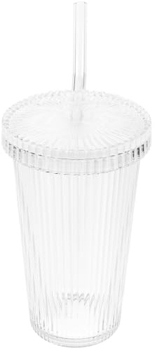 Ipetboom Verre Transparent à Rayures Verticales avec Couvercle et Paille Gobelet Multifonction pour Café Thé Jus et Eau Design Simple et Pratique pour Maison et Bureau Réutilisable
