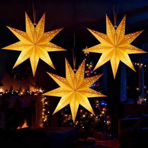 DAJASD Stelle Di Carta Da Appendere, 3PCS 9 Punte 45cm Decorazione Stella Di Carta Con Luci, Stell Di Natale Luminosa, Stell Luminosa, Per Natalé, Matrimoni, Feste(Bianco)