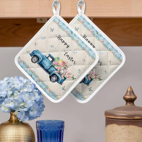 Pot Holders Set of 2, Happy Easter Blue Truck Bunny Eggs Potholder for Kitchen Heat-Proof Hot Pads, Floral Butterfly on Grid and Flax Hot Mats Potholders for Cooking Baking BBQ