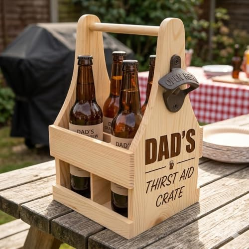 Personalised Wooden Beer Bottle Crate with Bottle Opener – Engraved 4 Bottle Beer Carrier Gift Dad, Grandad, Best Man, Birthday, Wedding or Father’s Day