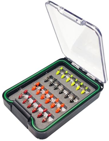 Qitewwrme Juego de 24 moscas secas y húmedas, ninfas y mosquitos, caja de moscas para trucha, perca, trucha arco iris y salmón, señuelos de pesca (estilo D (24 piezas/caja))
