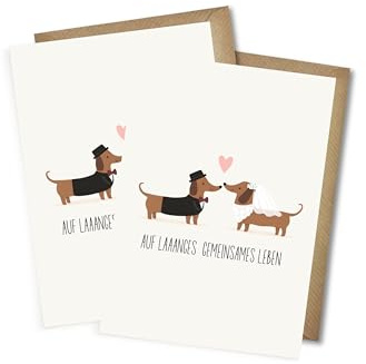 WBdesignz 2er-Set süße Dackel Hochzeitskarten mit Umschlägen - Glückwunschkarten Hochzeit für Ehe Paar „Auf laaaanges gemeinsames Leben“ - Herz, Humor - Lustige Liebe Klappkarten Tiermotiv (DIN A6)