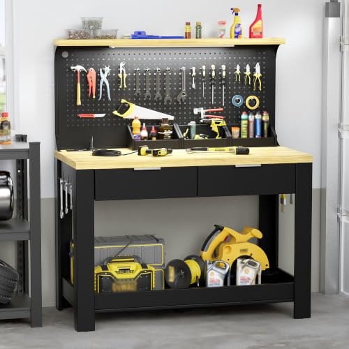 Werkbank mit LED-Arbeitsleuchte und Steckdose, Werktisch mit 2 Schubladen,Lochrückwand & DREI Ablagefächer Werkzeugbank Multifunktionstisch für Werkstatt Garage, 200KG Belastbarkeit 56x110x135CM