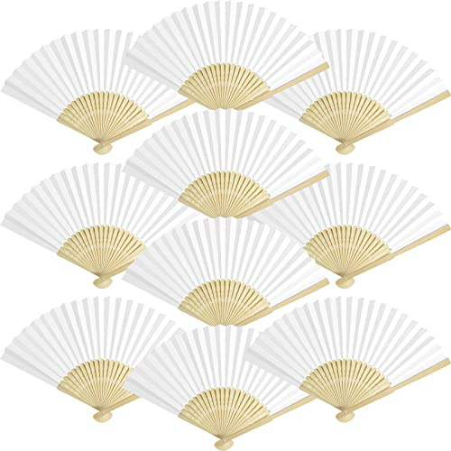 Grosun 50 Packs White Paper Fans Paper Hand Fan Bamboo Folding Fan Handheld Fan Paper Folded Fan Paper Fan for Wedding Party and Home Decoration