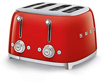 Smeg, Tostapane 4x4 TSF03RDEU, 4 Scomparti per 4 fette, 6 Livelli di Doratura, Funzione Riscaldamento, Scongelamento e Bagel, Espulsione Automatica del Pane, 2 Cassetti Raccoglibriciole, 2000W, Rosso