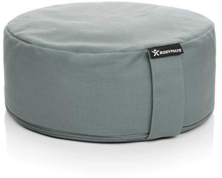 BODYMATE Yogakissen rund 31cm Durchmesser 13cm hoch COOL GREY mit Buchweizen-Spelz Füllung – Maschinenwaschbarer Bezug aus 100% extra dicker Baumwolle – Meditationskissen – Sitzkissen