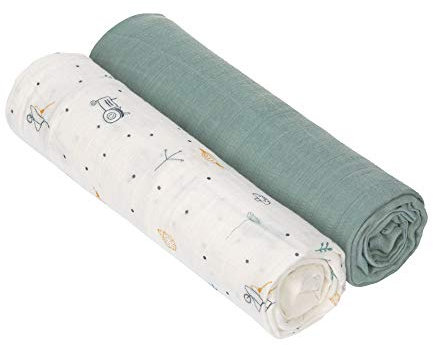 LÄSSIG Baby Puckdecke Spuckdecke Pucktuch Mulltuch 2er Set Baumwolle 120 x 120 cm/ Heavenly soft Swaddle XL Garden Explorer Tractor