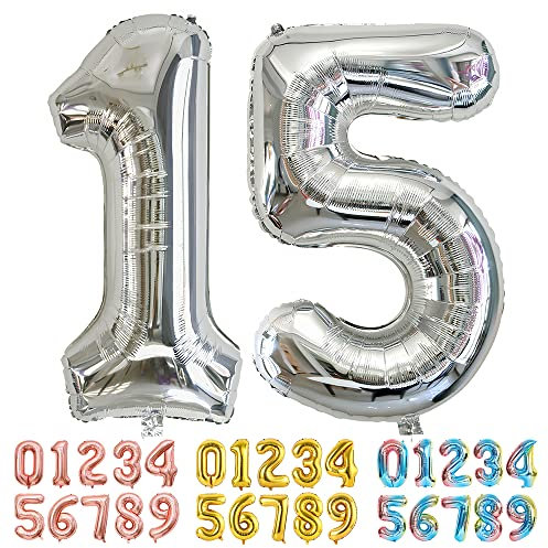 Ponmoo Luftballons Zahlen 15/51 Silber, Riesen Nummer 0 1 2 3 4 5 6 7 8 9 10-19 20-29 30-39 40 50 60 70 80 90 100, groß Folienballons für Hochzeit Jubiläum, Geburtstagsballons Party Dekoration